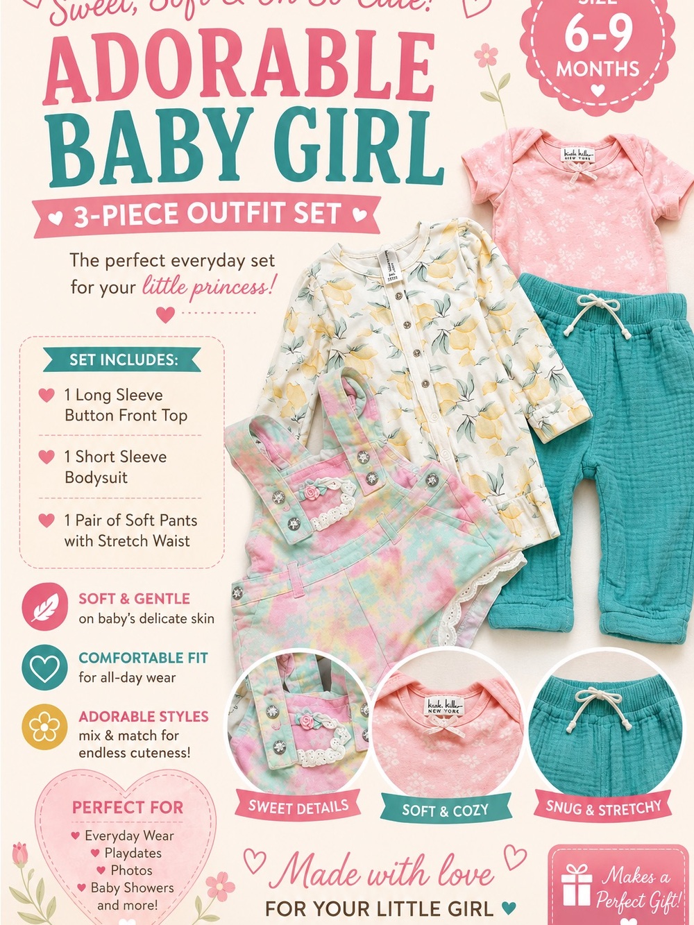 Adorable Baby Girl 3-Piece Outfit Set | Size 6–9 Months